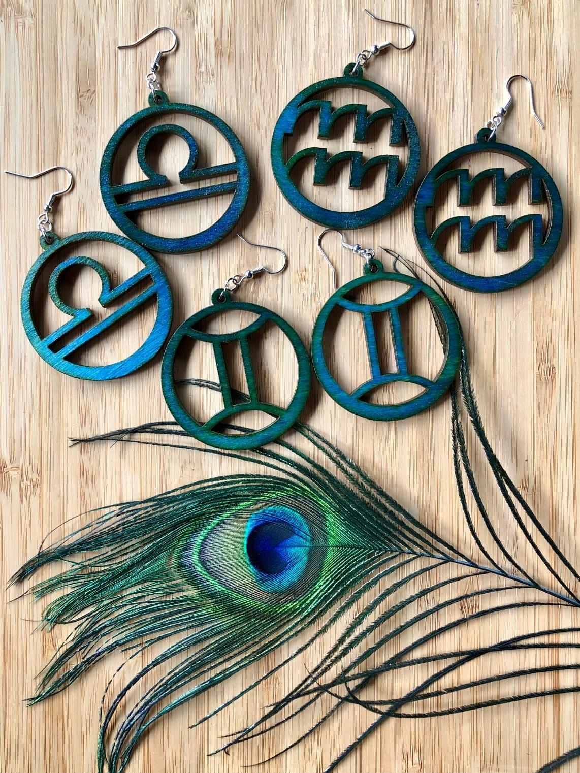 Aquarius Zodiac Wood Earrings - Deep Ocean Stain - Ultra-Limited Edition! - Driftless Enchantments