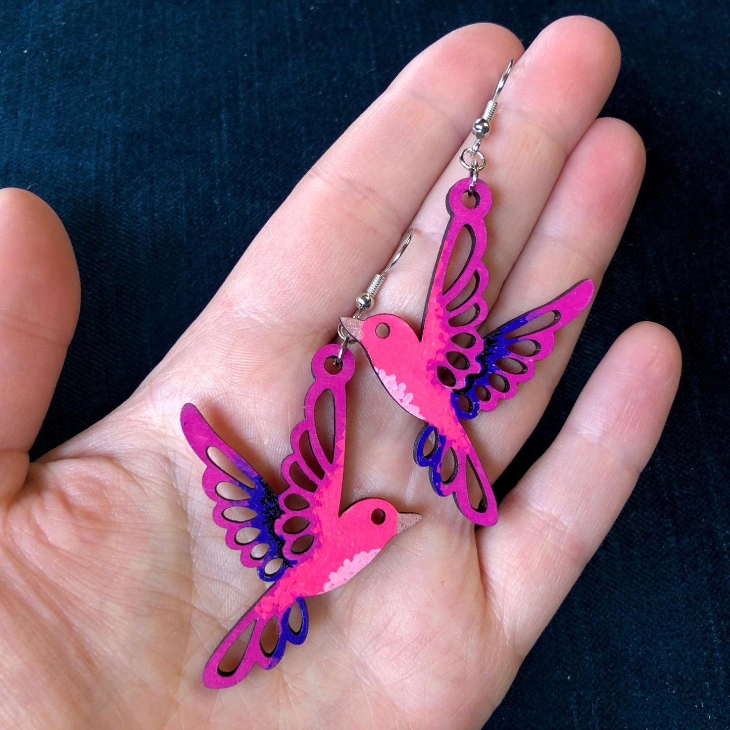 Barbie Bird - Hand-Painted Wood Earrings - Driftless Enchantments