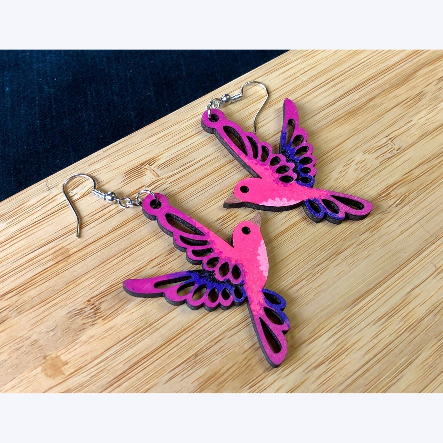 Barbie Bird - Hand-Painted Wood Earrings - Driftless Enchantments