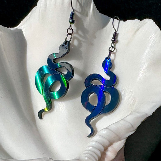 Black Rainbow Holographic Snake Earrings - Driftless Enchantments