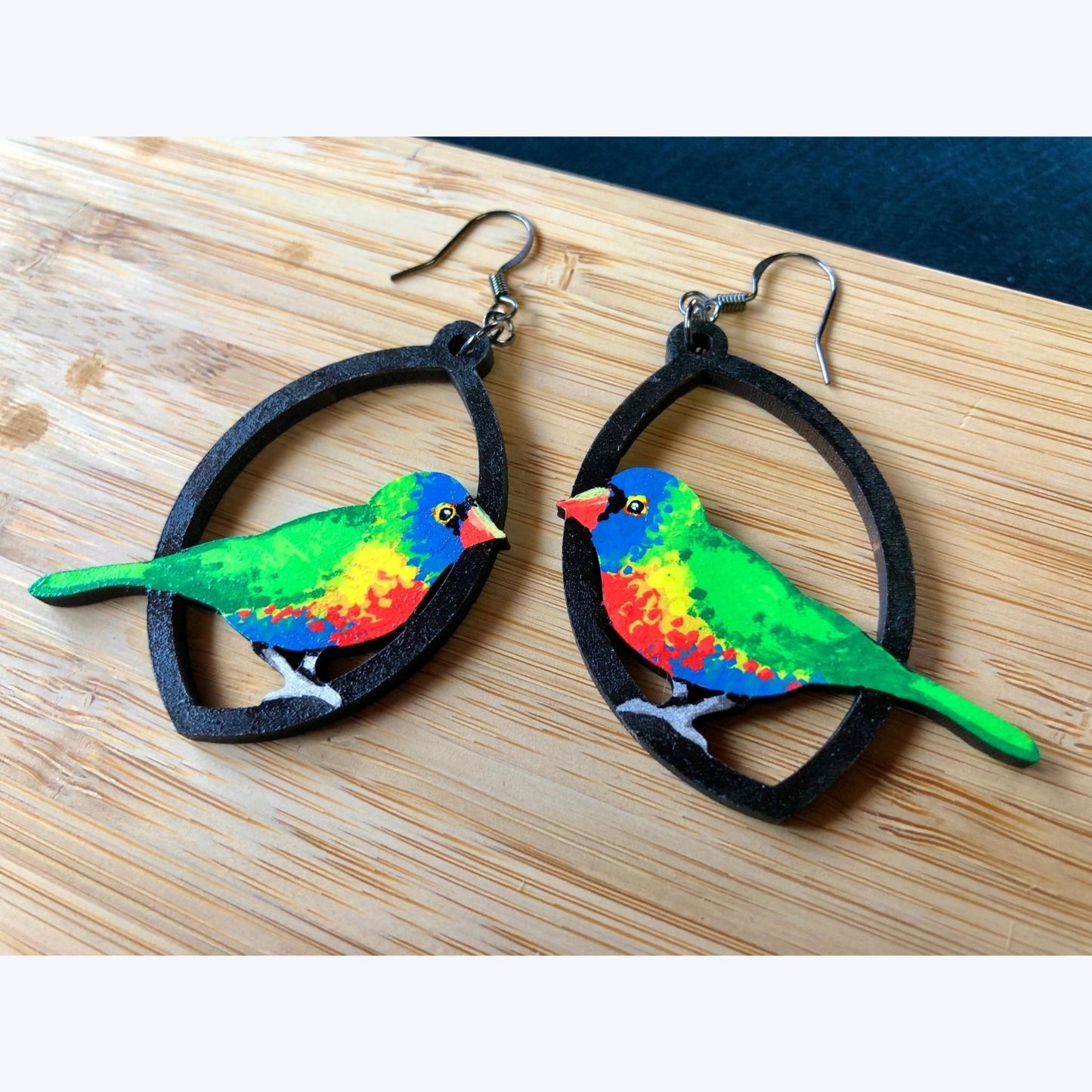 Bright, Bright Birdie - Hand-Painted Wood Earrings - Driftless Enchantments