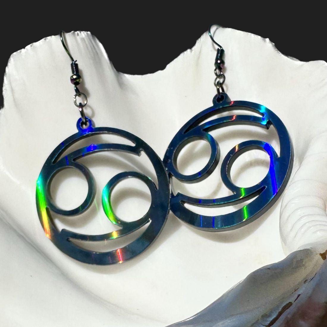 Cancer Zodiac Sign Earrings - Black Rainbow Holographic - Driftless Enchantments