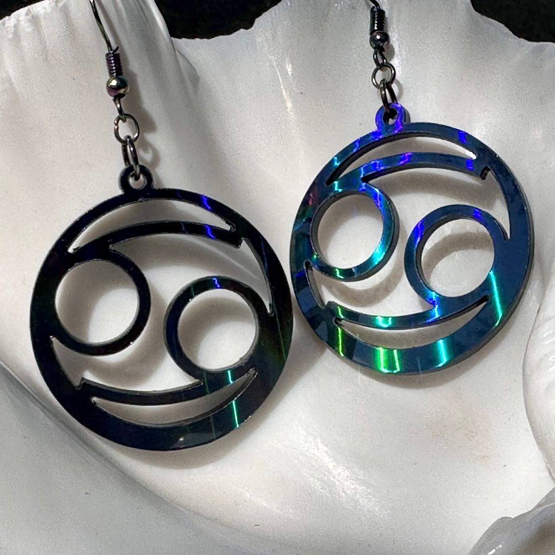 Cancer Zodiac Sign Earrings - Black Rainbow Holographic - Driftless Enchantments