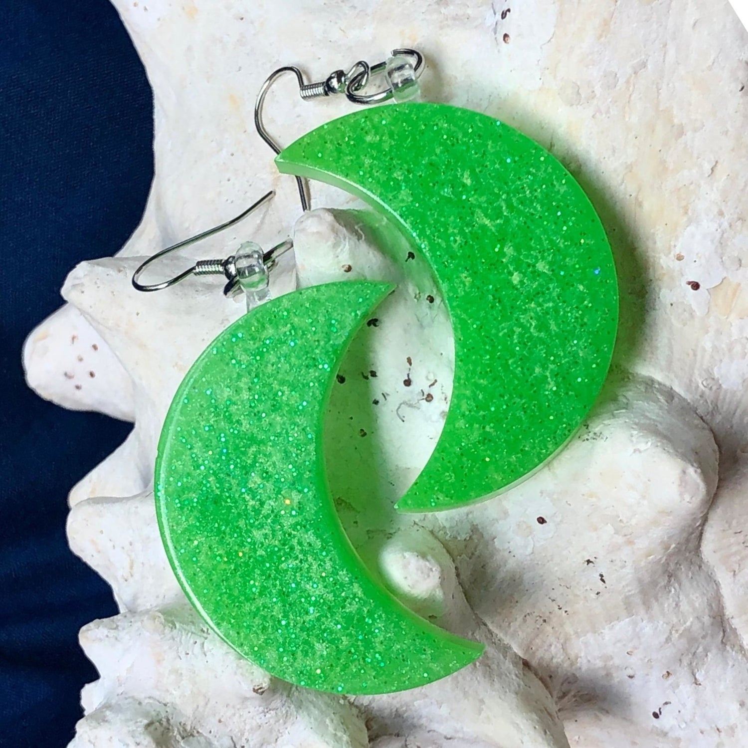 Crescent Moon Resin Earrings - Day Glow Green - Driftless Enchantments