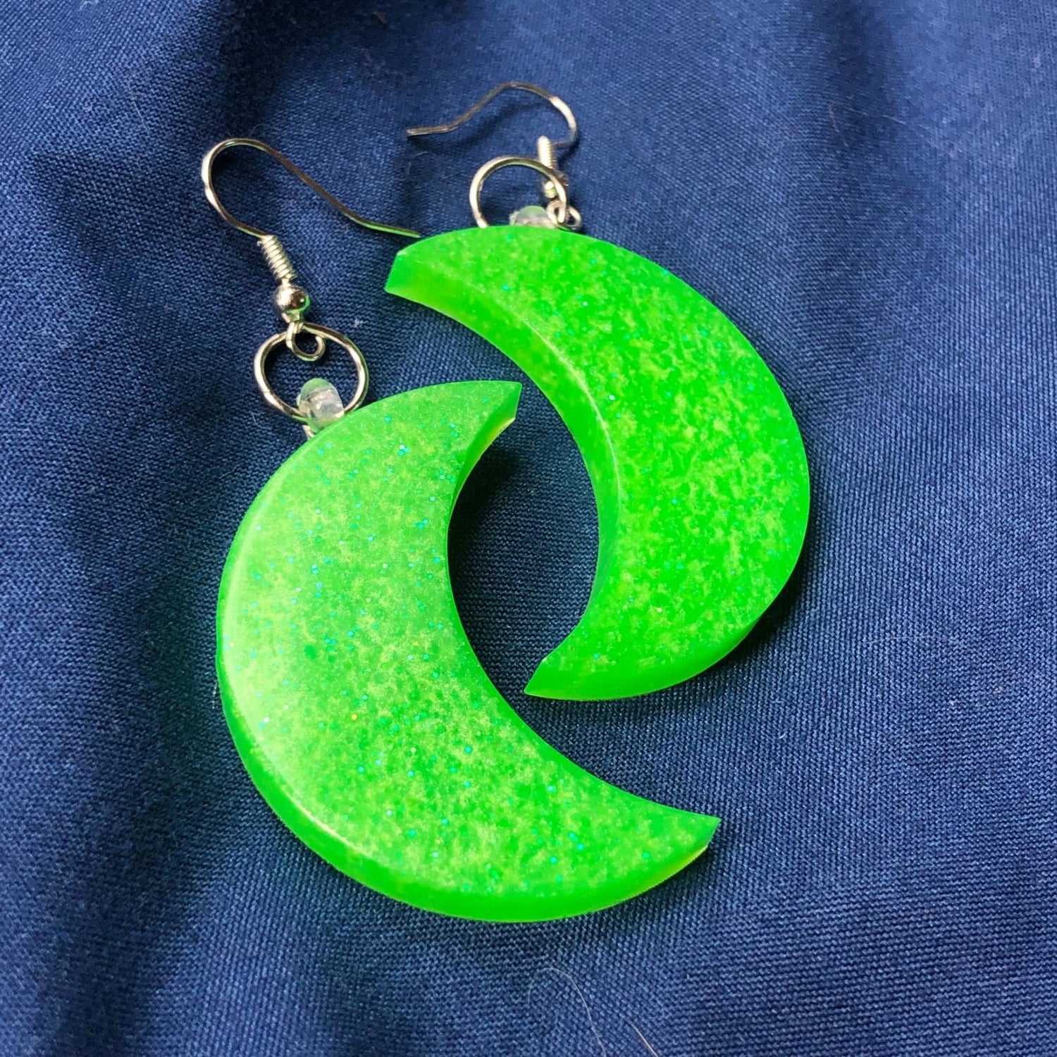 Crescent Moon Resin Earrings - Day Glow Green - Driftless Enchantments
