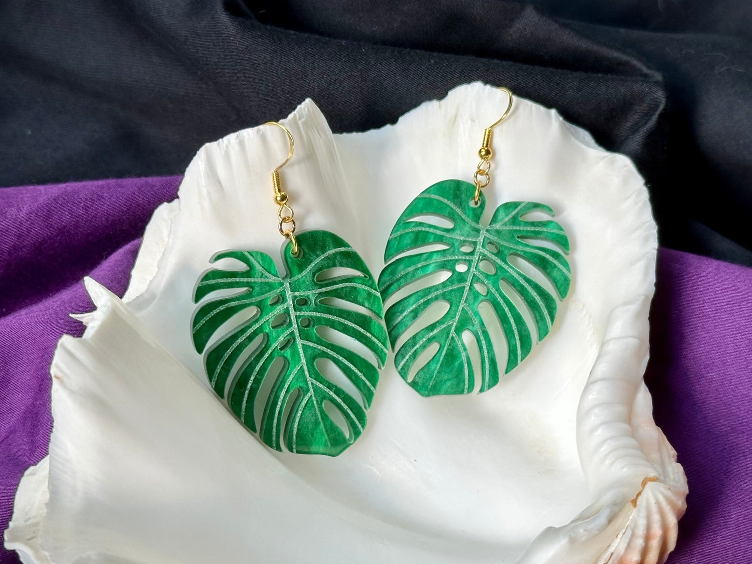 Emerald Green Monstera Leaf Earrings - Driftless Enchantments