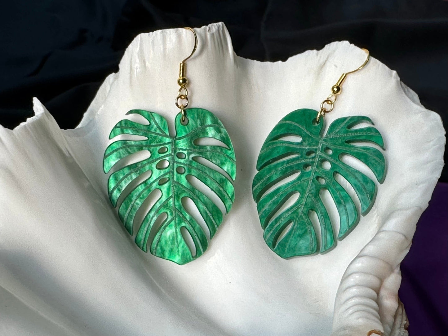 Emerald Green Monstera Leaf Earrings - Driftless Enchantments