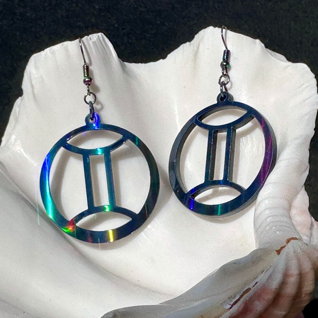 Gemini Zodiac Sign Earrings - Black Rainbow Holographic - Driftless Enchantments