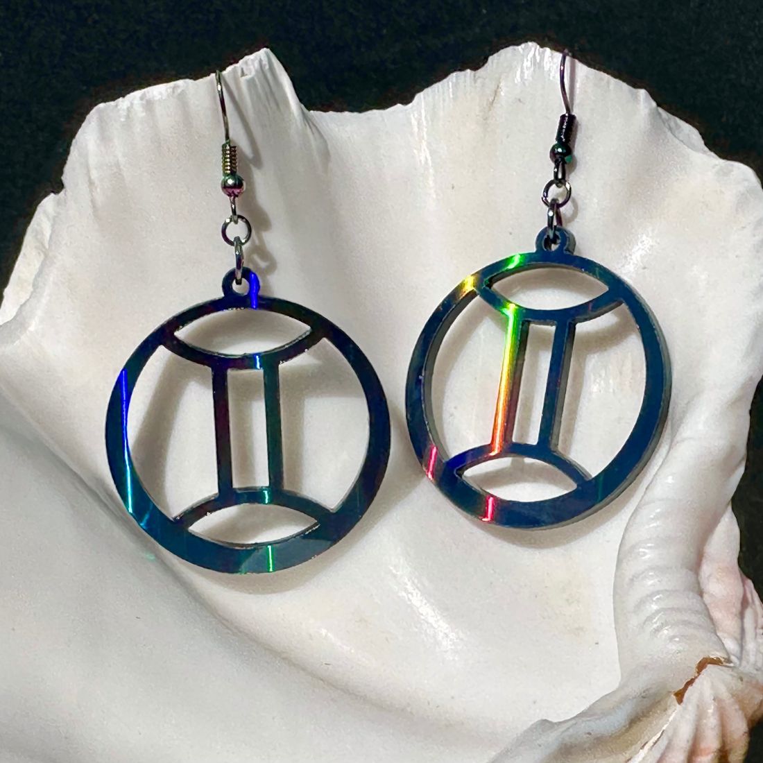 Gemini Zodiac Sign Earrings - Black Rainbow Holographic - Driftless Enchantments