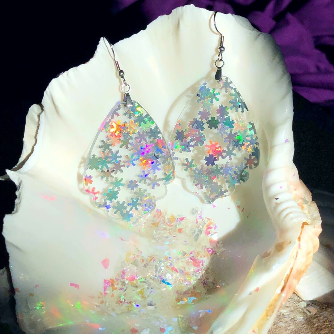Holographic Snowflake Deco Fan Dangle Earrings - Driftless Enchantments