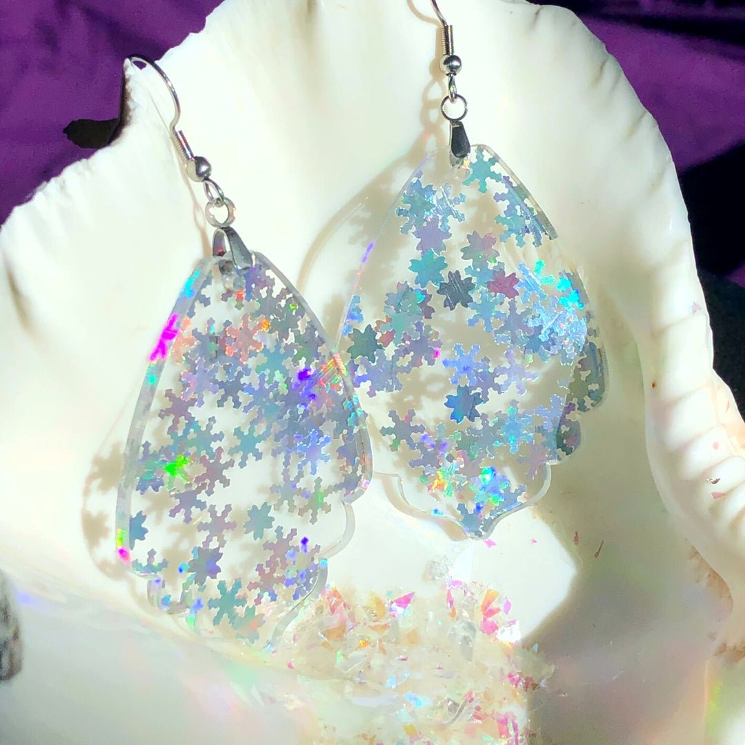 Holographic Snowflake Deco Fan Dangle Earrings - Driftless Enchantments