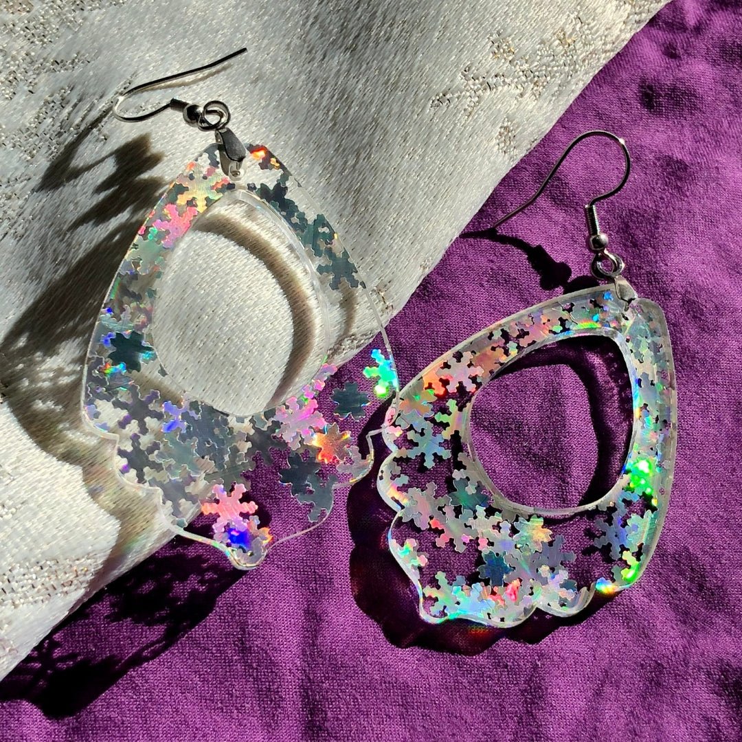 Holographic Snowflake Lacey Teardrop Earrings - Driftless Enchantments