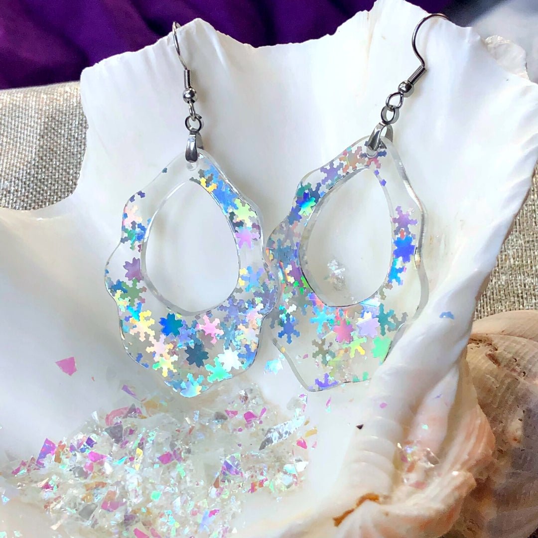 Holographic Snowflake Scalloped Dangle Earrings - Driftless Enchantments