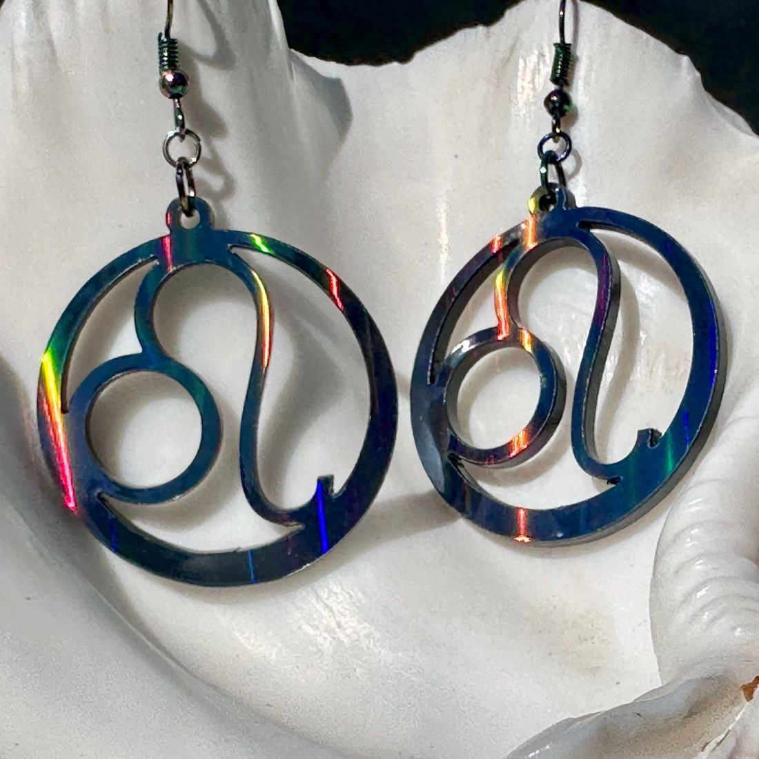 Leo Zodiac Sign Earrings - Black Rainbow Holographic - Driftless Enchantments