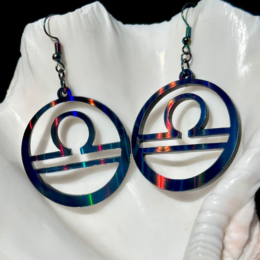 Libra Zodiac Sign Earrings - Black Rainbow Holographic - Driftless Enchantments