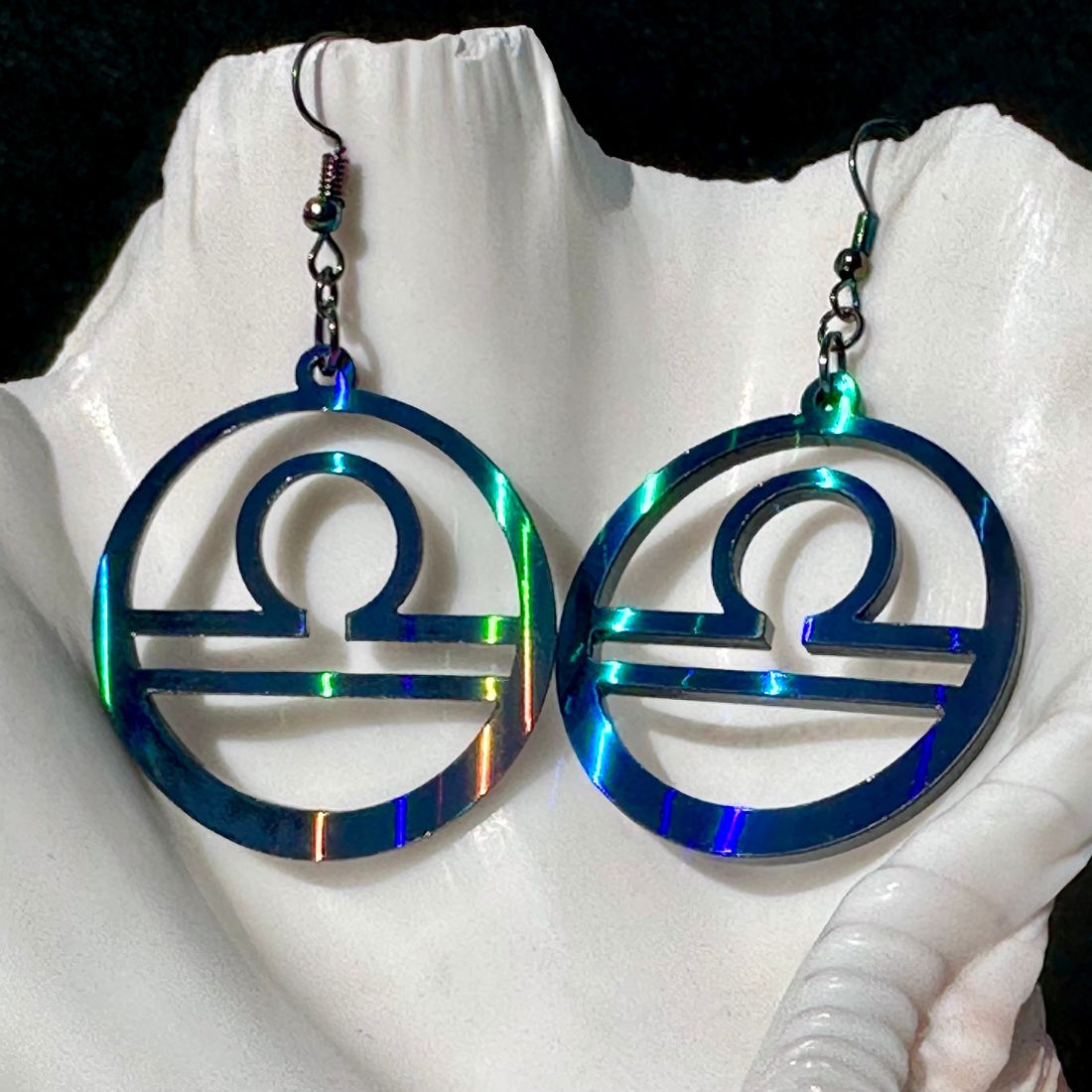 Libra Zodiac Sign Earrings - Black Rainbow Holographic - Driftless Enchantments