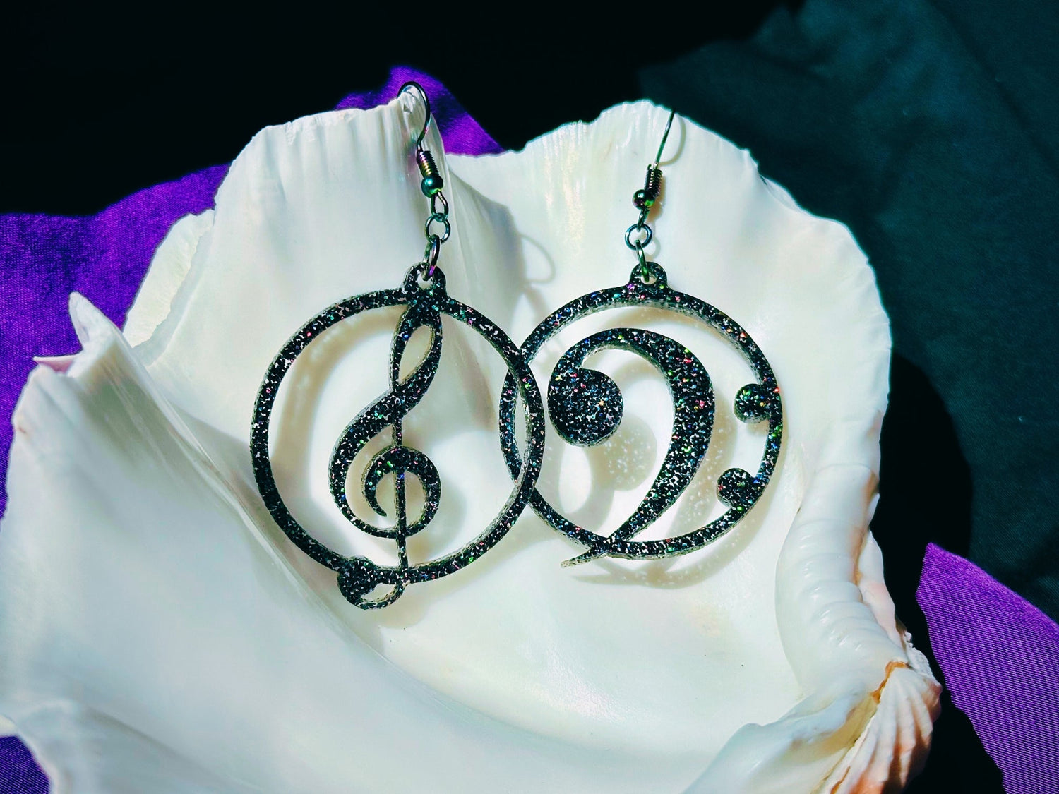 Music Lover's Treble and Bass Clef Earrings - Black Rainbow Glitter - Driftless Enchantments