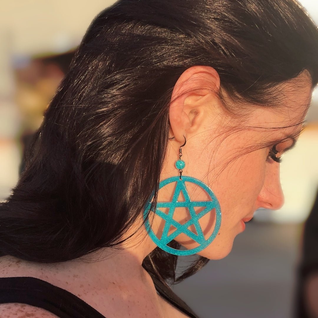 Pentagram Statement Earrings - Galaxy with Onyx - Driftless Enchantments