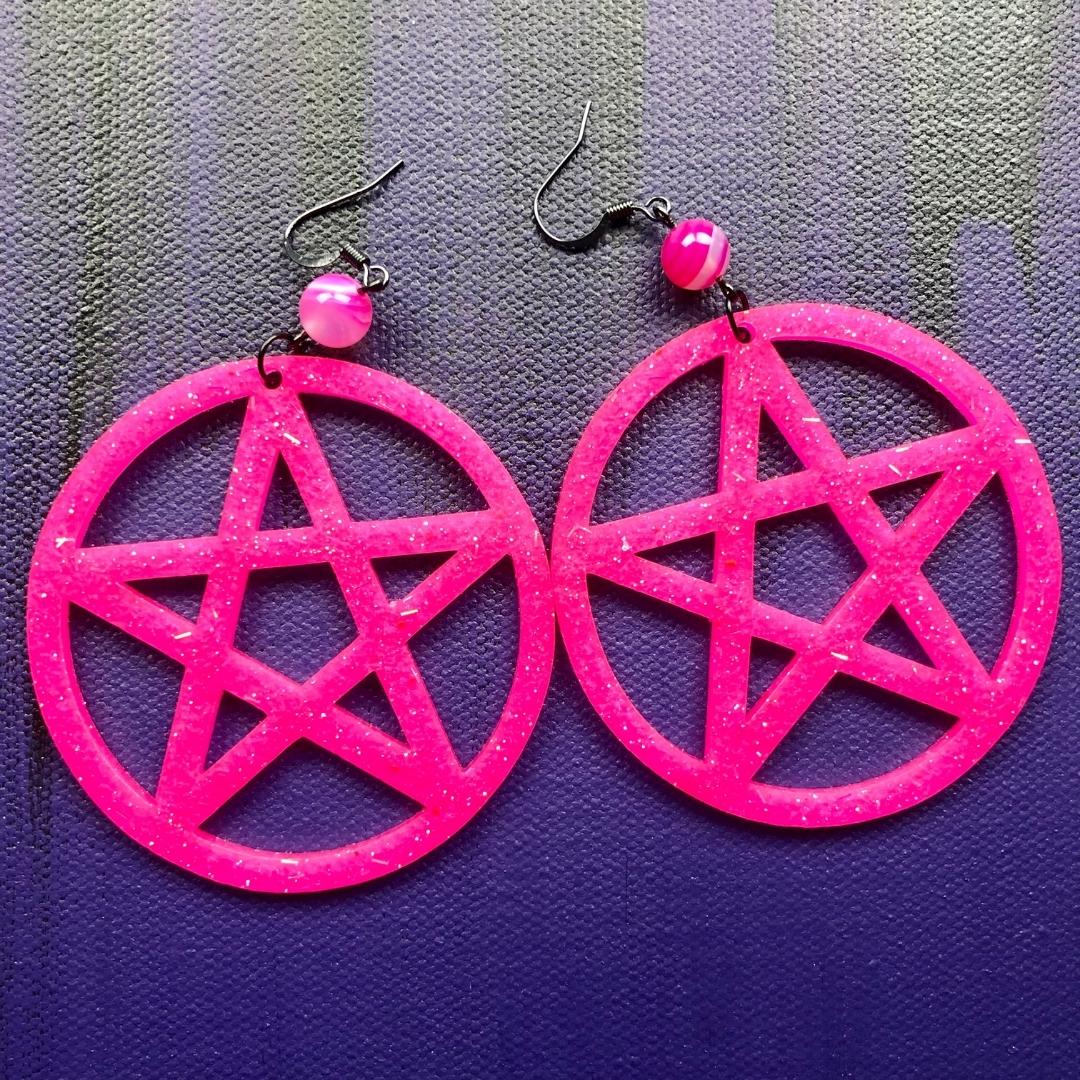 Pentagram Statement Earrings - Hot Pink with Agate - Driftless Enchantments