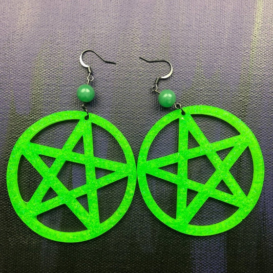 Pentagram Statement Earrings - Neon Green with Aventurine - Driftless Enchantments