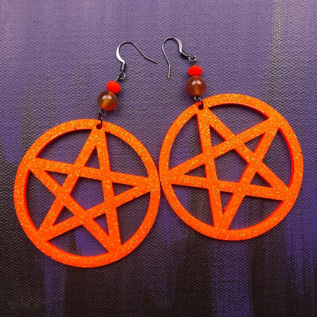 Pentagram Statement Earrings - Neon Orange with Carnelian - Driftless Enchantments