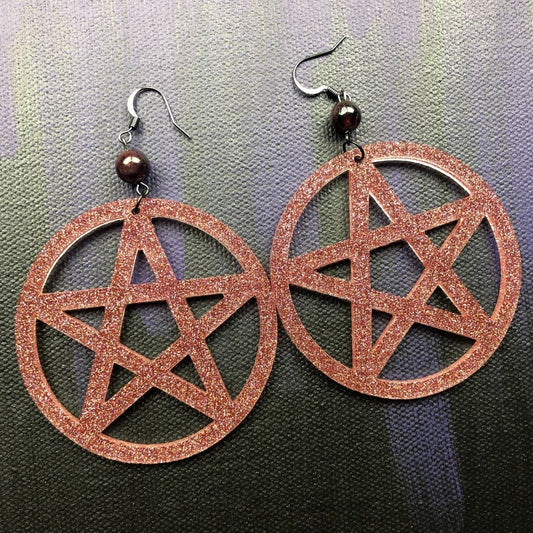 Pentagram Statement Earrings - Rose Gold with Garnet - Driftless Enchantments