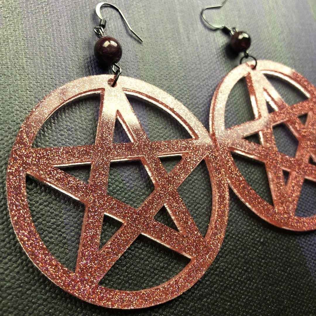 Pentagram Statement Earrings - Rose Gold with Garnet - Driftless Enchantments