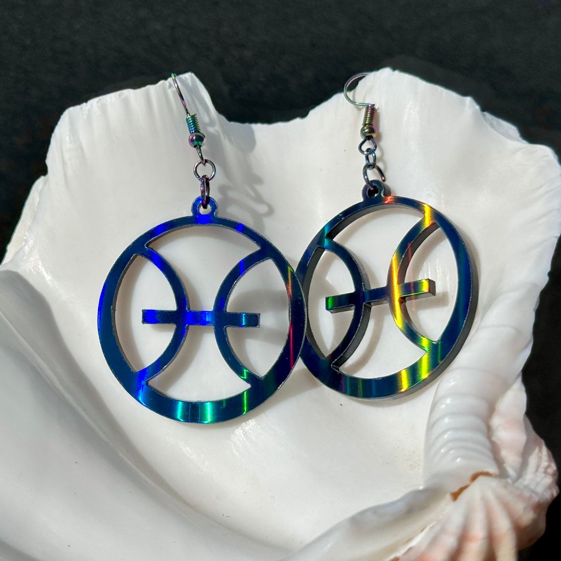 Pisces Zodiac Sign Earrings - Black Rainbow Holographic - Driftless Enchantments