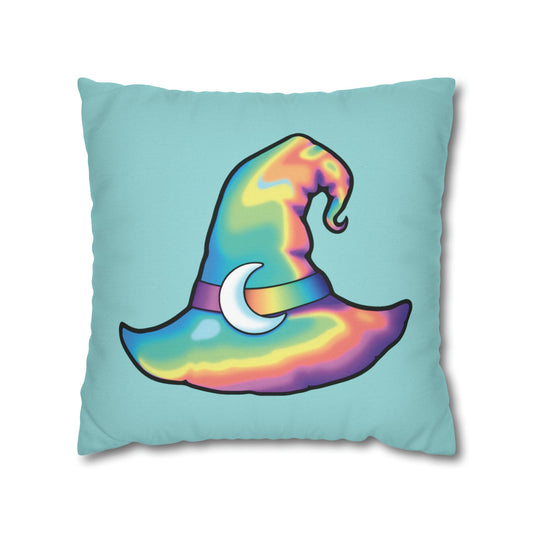 Rainbow Witch Hat Reversible Square Pillow Case - Aqua - Driftless Enchantments