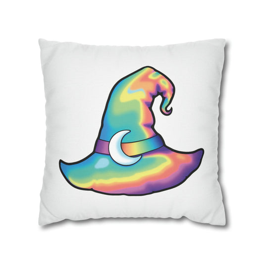 Rainbow Witch Hat Reversible Square Pillow Case - White - Driftless Enchantments