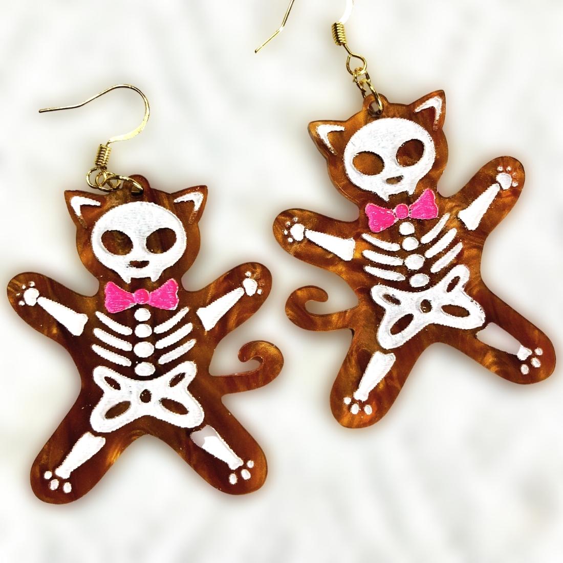 Skeleton Cat Gingerbread Cookie Earrings - Driftless Enchantments
