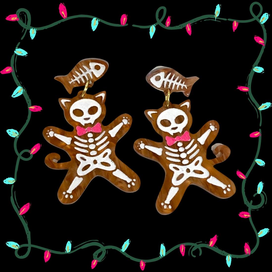 Skeleton Cat Gingerbread Cookie Earrings - Driftless Enchantments
