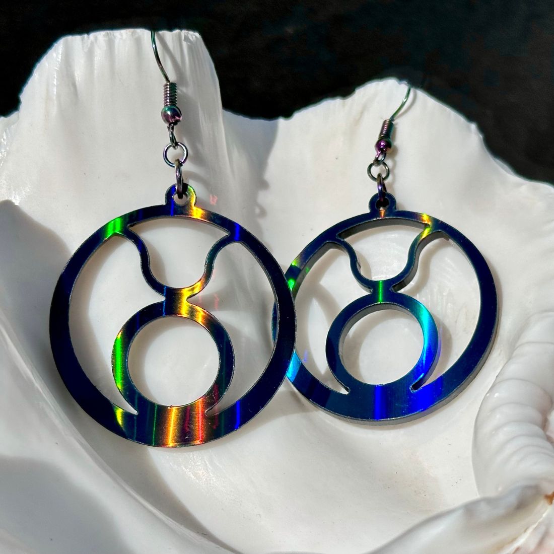 Taurus Zodiac Sign Earrings - Black Rainbow Holographic - Driftless Enchantments
